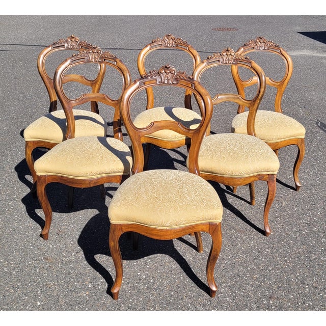 Light Yellow Set 6 Carved Walnut French Baloon Back Chairs For Sale - Image 8 of 12