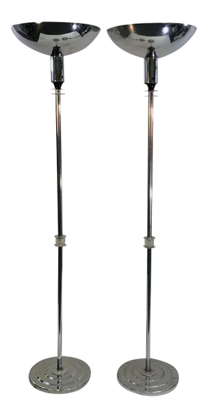 Modernist Art Deco Pair of Chrome Torchieres in the Manner of Donald Deskey