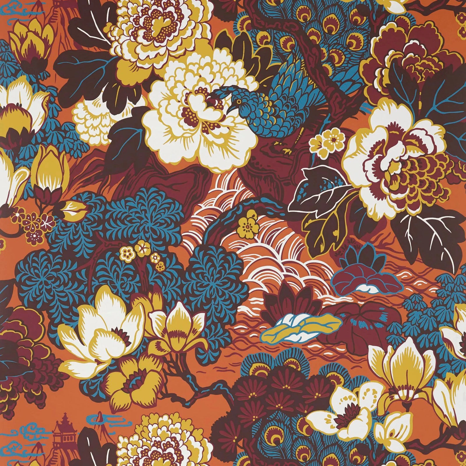 Sample - Schumacher Shanghai Peacock Wallpaper in Cinnabar | Chairish