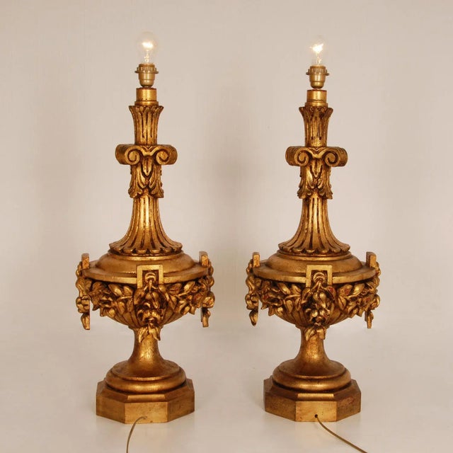 Wood Italian Lamps XL Carved Giltwood Gold Neoclassical Urn Vases Table Lamps - A Pair For Sale - Image 7 of 12