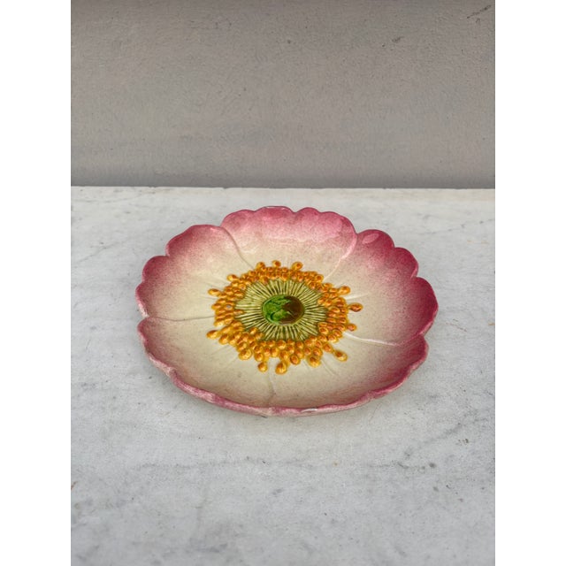 French Country French Majolica Wild Rose Plate Delphin Massier Circa 1890 For Sale - Image 3 of 5