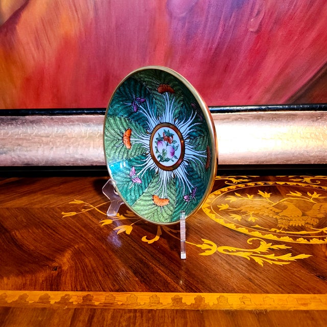 Horchow Neiman Marcus Signed Brass Cabbage Butterfly Famille Rose Dish 1970s For Sale In Las Vegas - Image 6 of 18