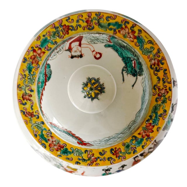 Ceramic Large Vintage Chinese Famille Verte Wucai Temple Jar & Cover, Immortals Scene For Sale - Image 7 of 8