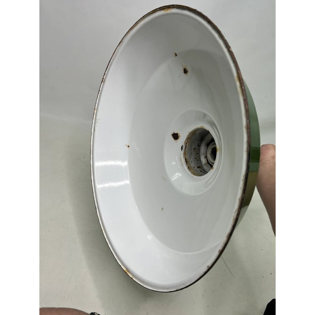 1950s Vintage Industrial Green Porcelain Enamel Light Fixture For Sale - Image 5 of 9