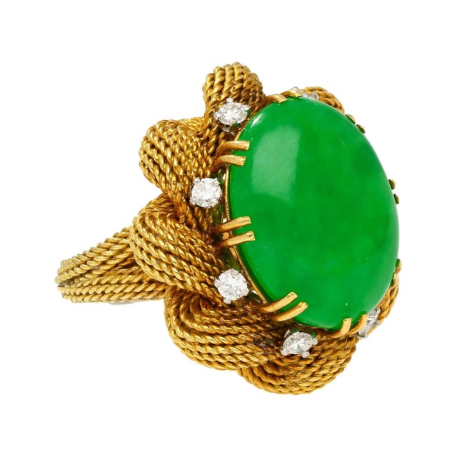 1950s Vintage 13.32 Carat Type a Jadeite Jade Gold Wire Floral Ring From France, Size 5.75 For Sale - Image 4 of 5