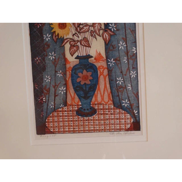 Mid-Century Modern 1934 "The Bouquet" Floral Still Life Block Print by Anders Aldrin, Framed For Sale - Image 3 of 7