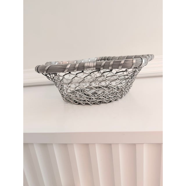 Coastal Vintage Coastal Woven Metal Catchall Basket / Sculptural Silver Basket For Sale - Image 3 of 5
