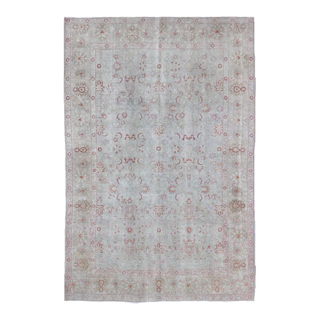 Antique Persian Tabriz Rug With Floral Design in Pale Blue 7'9 X 11'3 For Sale
