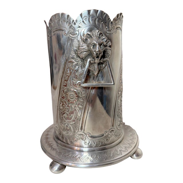 Antique 1800's Tooled Silverplate Lion Handles Champagne Wine Chiller Ice Bucket For Sale