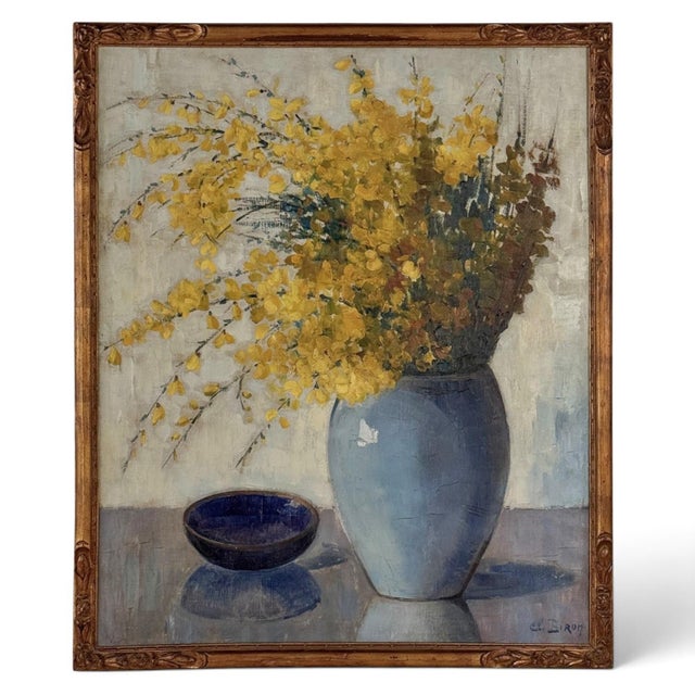 Framed Oil Painting on Canvas by Clemence Biron Dated 1925 'Forsythia' For Sale - Image 17 of 17
