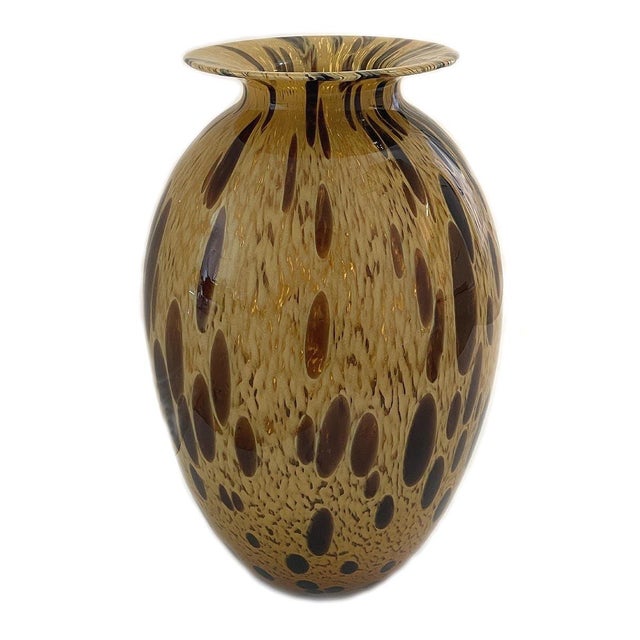 This beautiful vase measures 12.5" tall, approx. 8" wide top diameter at rim 5.5". Brown yellowish with clear areas. In...