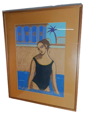 Swimming Pool Balneario de las Arenas Valencia, Gouache, 1990s, Framed