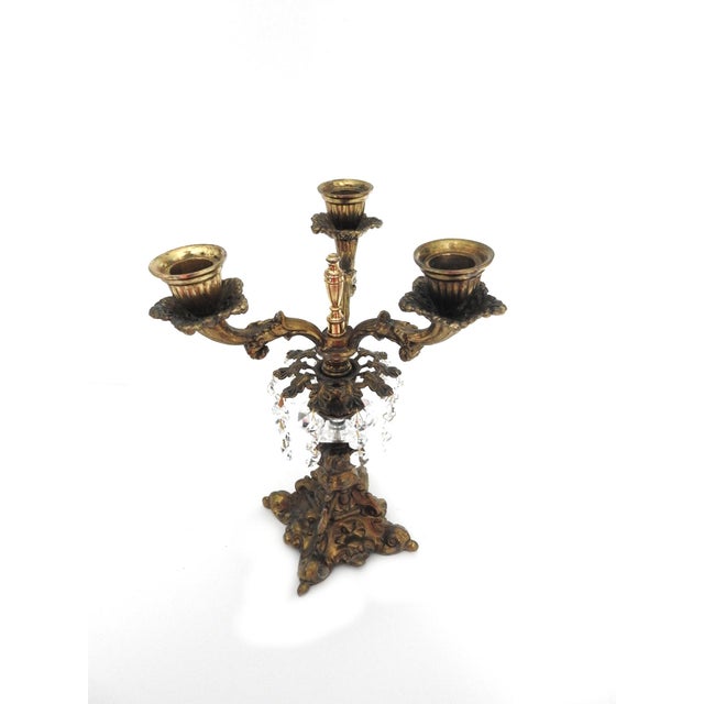 Early 20th Century French Gold Leaf Cast Iron Girandoles Candelabras With Crystal Pendalogues - Set of 2 For Sale - Image 4 of 12