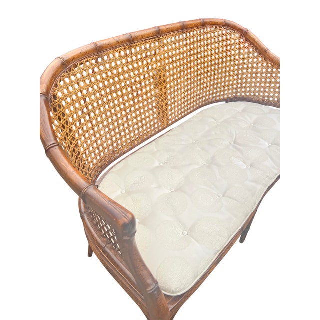 Boho Chic Vintage Faux Bamboo Settee Sofa Bench With Rattan Cane Back For Sale - Image 3 of 9