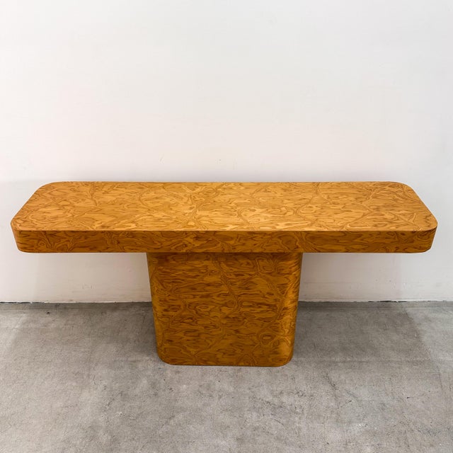 1980s Vintage 1980s Postmodern Console Table Rounded Edge Hallway Table Caramel Grain Midcentury Italian Modern For Sale - Image 5 of 10