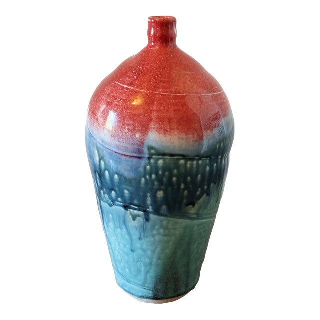 Vintage Hand Thrown California Studio Pottery Vessel in Red and Turquoise by Jean Bliss For Sale