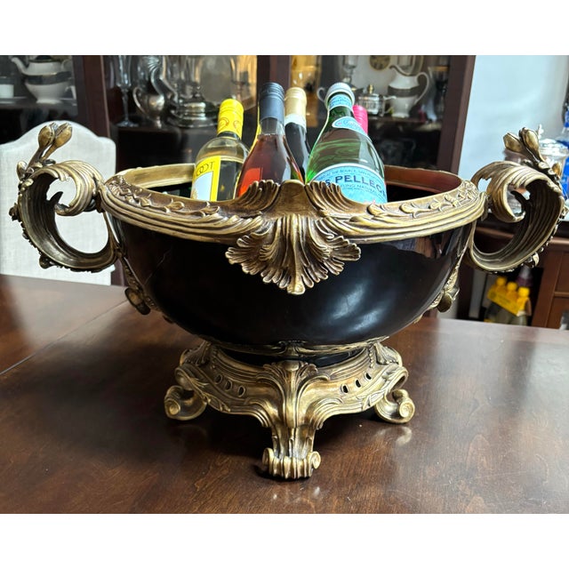 Vintage French Style Jardeniere Black Porcelain and Bronze 23”x 9” For Sale - Image 9 of 12