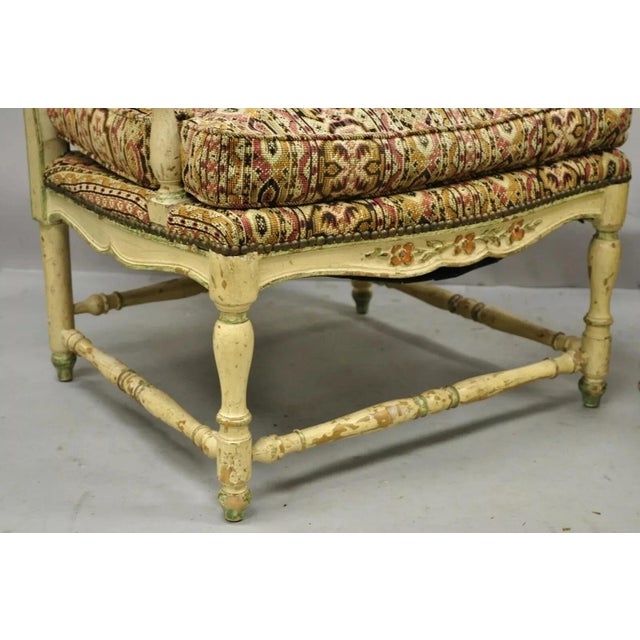 Cream Mid 20th Century Vintage French Country Cream Distress Painted Lounge Arm Chairs & Ottoman - 3 Pieces For Sale - Image 8 of 12