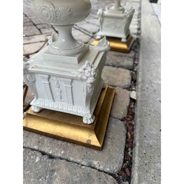 Mid 20th Century Pair of White Porcelain Flower Encrusted Lamps For Sale - Image 5 of 8