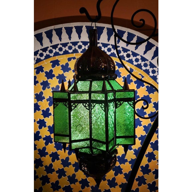 Moroccan Makki Style Green Glass Lantern For Sale In Orlando - Image 6 of 9