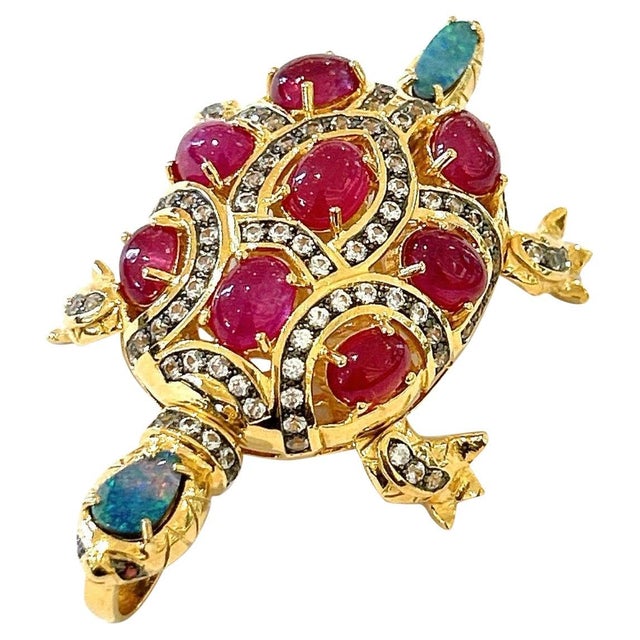 Bochic "Orient" Vintage Retro Multi Ruby, Diamond & Opal Brooch Set 18K Gold For Sale - Image 15 of 17