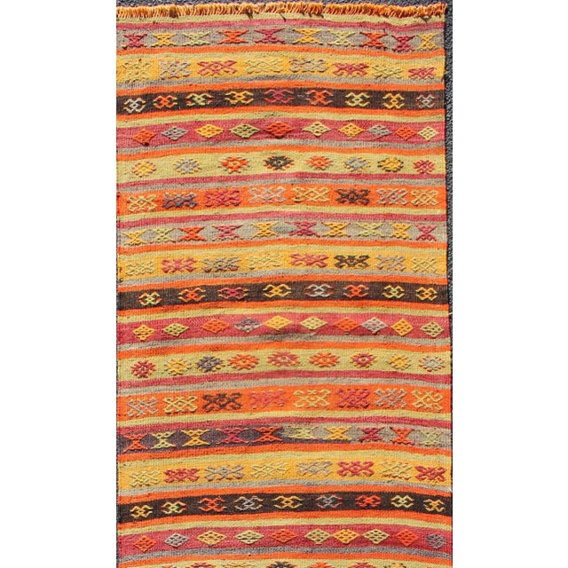 Mid 20th Century Vintage Hand Woven Turkish Kilim Colorful Stripe Runner With Tribal Motifs For Sale - Image 5 of 7