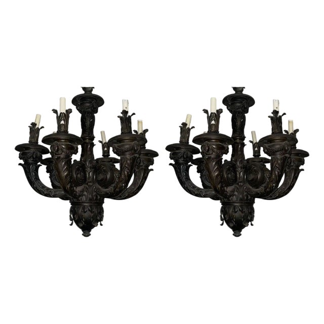 Pair of Monumental French Neoclassical Bronze Chandeliers, Late 19th Century. For Sale
