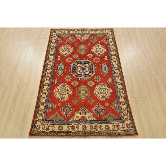 Farmhouse Kazak Rug 4′ X 6’2” Red Wool Tribal Hand-Knotted Oriental Carpet For Sale - Image 3 of 12
