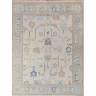 Modern Handknotted Oushak Rug in Shades of Blue with Light Grey & Cream, 10' x 14' For Sale