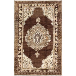 Mid 20th Century Brown Background Floral Medallion Vintage Turkish Kars Rug in Ivory and Taupe For Sale