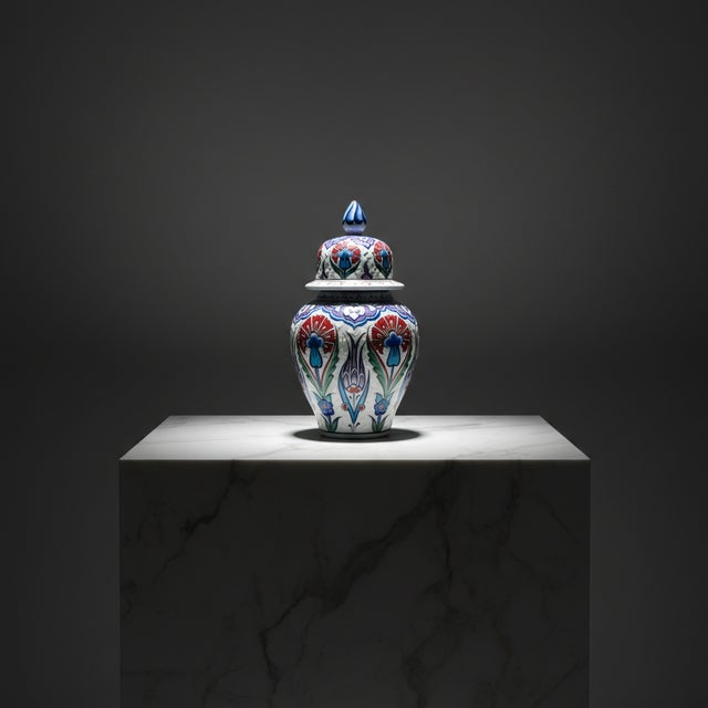 Red Handmade Ceramic “Kupecik” Ginger Jar (20cm) – Textured Relief with Red Carnations & Purple Tulips For Sale - Image 8 of 8