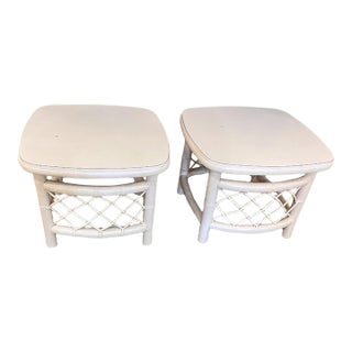 Pair of Vintage Coastal White Rattan Side Tables Square With Round Edges. For Sale