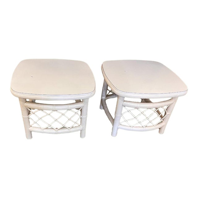 Pair of Vintage Coastal White Rattan Side Tables Square With Round Edges. For Sale