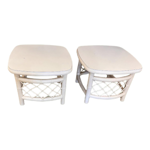 Pair of Vintage Coastal White Rattan Side Tables Square With Round Edges.