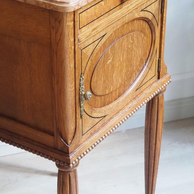 Antique Louis XVI Style Bedside Tables in Oak and Marble, 1920, Set of 2 For Sale - Image 3 of 17