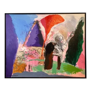 Calman Shemi, Large Original Abstract Colorful Oil Painting Israeli Kibbutz Landscape Shemi