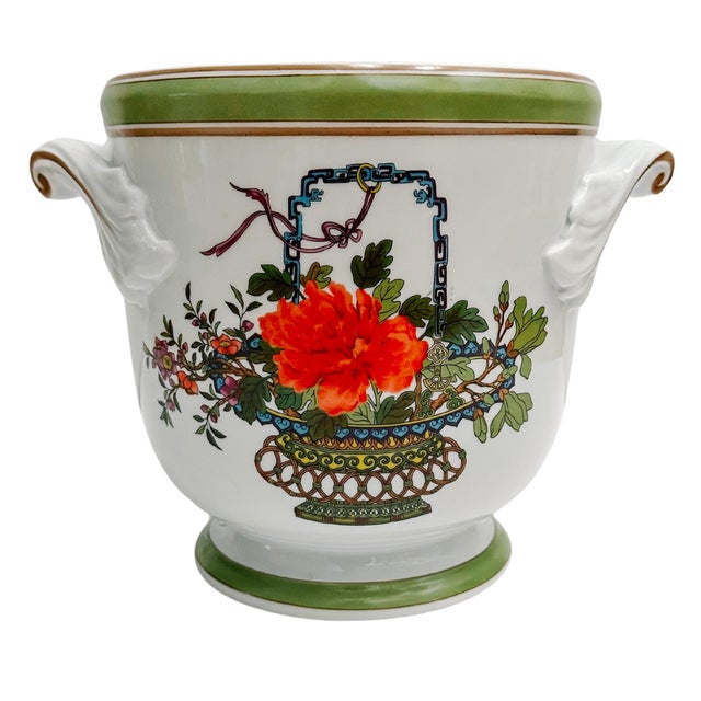 Elegant cachepot with a Neoclassical silhouette by Mottahedeh with beautiful lime green borders accented by gold trims,...