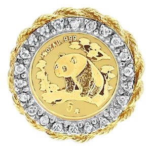 Panda .999 Gold Diamond Halo Ring with Rope Bezel 14k Yellow Gold, Size 9