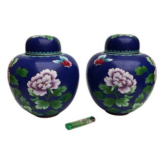 Pair of Vintage Cloisonné Jars | Blue Ground Butterfly & Floral Motif With Lids For Sale