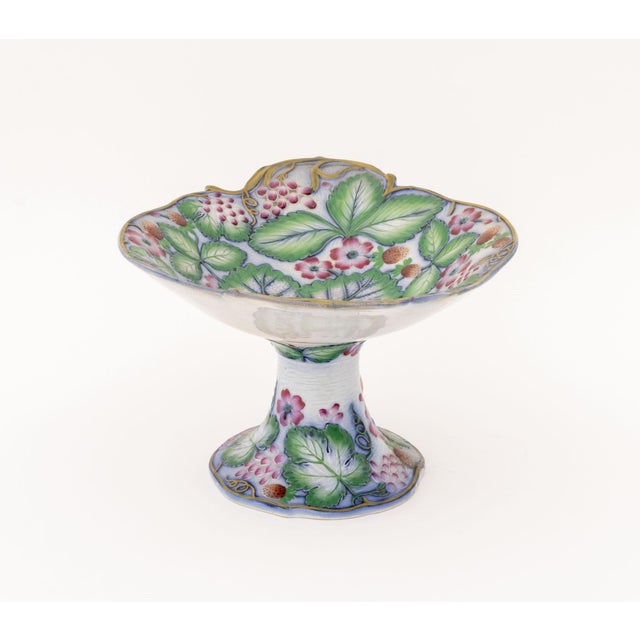 English Strawberry and Grape Leaf Motif Ceramic Tableware, centerpiece and two dishes, with sky-blue ground. Centerpiece:...