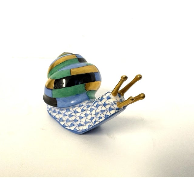 Herend Vintage Herend Hand Painted Blue Fishnet Snail Porcelain Figurine For Sale - Image 4 of 8
