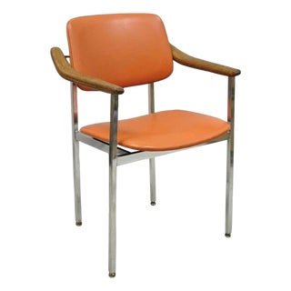 Vintage Mid Century Modern Orange Chrome Frame Sloped Wood Arm Side Desk Chair For Sale