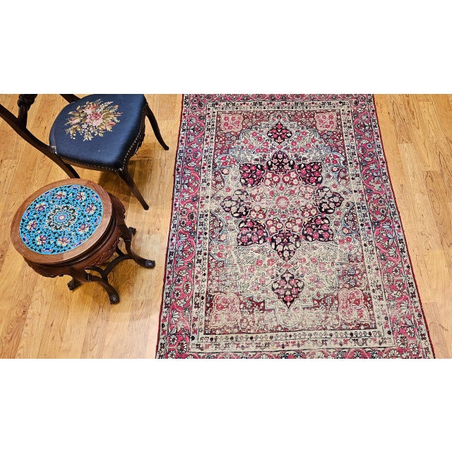 Off-white 19th Century Persian Kerman Lavar Rug, Hand-Knotted Wool, Floral Patter, Red & Ivory, 5x7 For Sale - Image 8 of 18