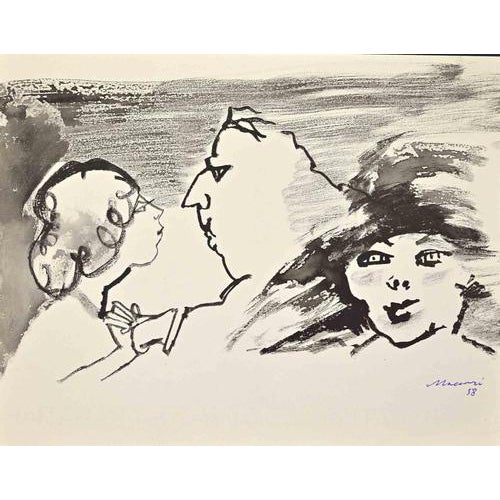 Mino Maccari, Portraits, Watercolor Drawing, 1958 For Sale