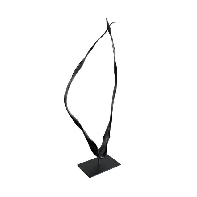 Contemporary Large Suar Wood Sculpture, Burnt Finish on Black Metal Stand, Modern Organic For Sale - Image 3 of 9