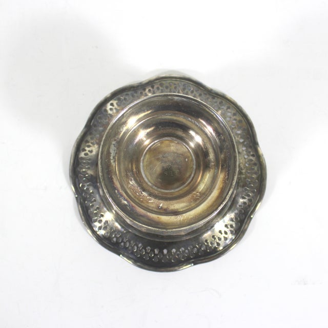 English Small Early 20th Century Silver Plated Pedestal Bowl, Pierced and Ruffled Edge Small Trinket Dish, Catchall, Candy Dish For Sale - Image 3 of 7