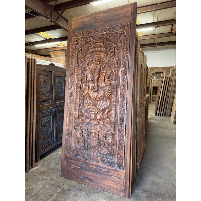 Mid-Century Modern Vintage Ganesha Carved Wooden Door Panel – Indian Spiritual Wall Sculpture Art 94x43 For Sale - Image 3 of 8