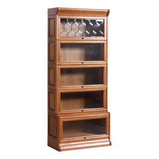 Mission Style Oak Barrister Bookcase 5 Stack-Leaded Glass in Micheals Cherry For Sale