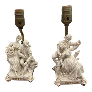 Antique German Porcelain Boudoir Courting Lamps - a Pair For Sale