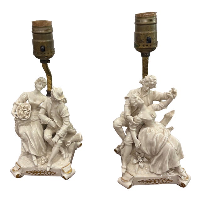 Antique German Porcelain Boudoir Courting Lamps - a Pair For Sale